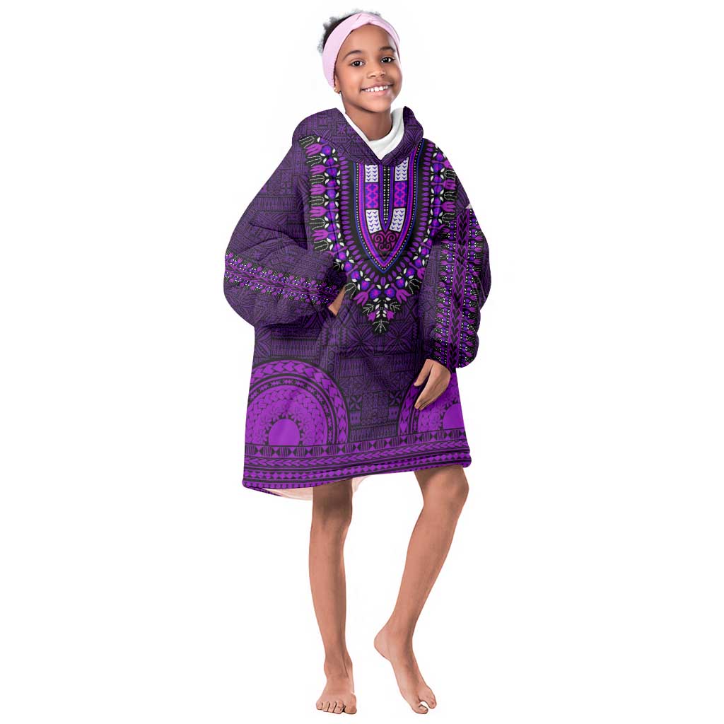 Purple Dashiki and Tapa Pattern Kid Wearable Blanket Hoodie Africa-Polynesia Together Culture