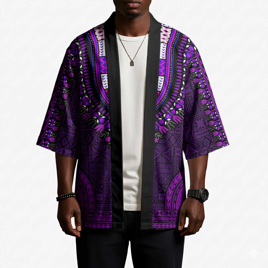 Purple Dashiki and Tapa Pattern Kimono Africa-Polynesia Together Culture