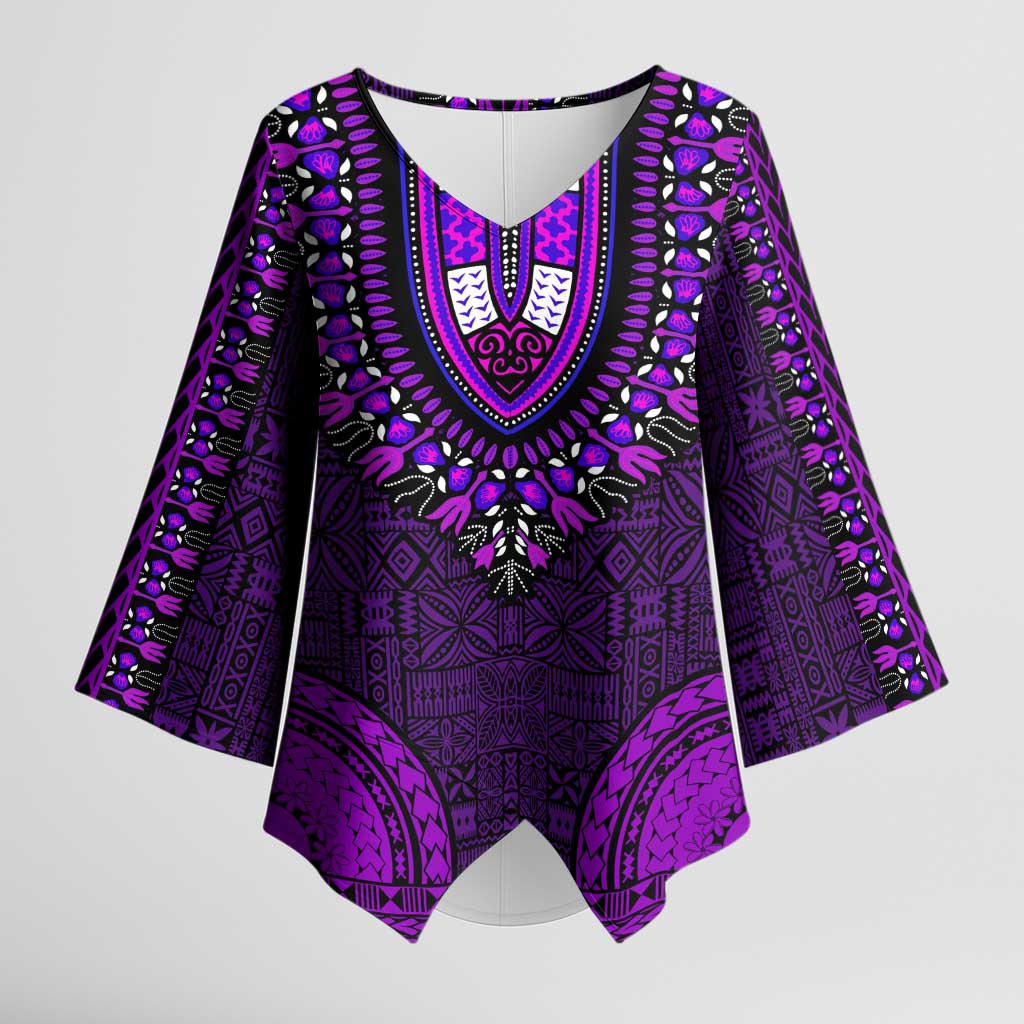 Purple Dashiki and Tapa Pattern Kimono Sleeve Blouse Africa-Polynesia Together Culture