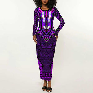 Purple Dashiki and Tapa Pattern Long Sleeve Bodycon Dress Africa-Polynesia Together Culture LT9