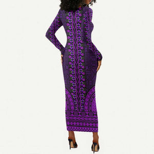 Purple Dashiki and Tapa Pattern Long Sleeve Bodycon Dress Africa-Polynesia Together Culture LT9