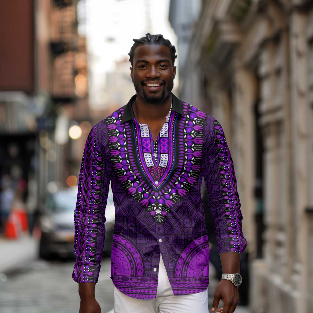 Purple Dashiki and Tapa Pattern Long Sleeve Button Shirt Africa-Polynesia Together Culture