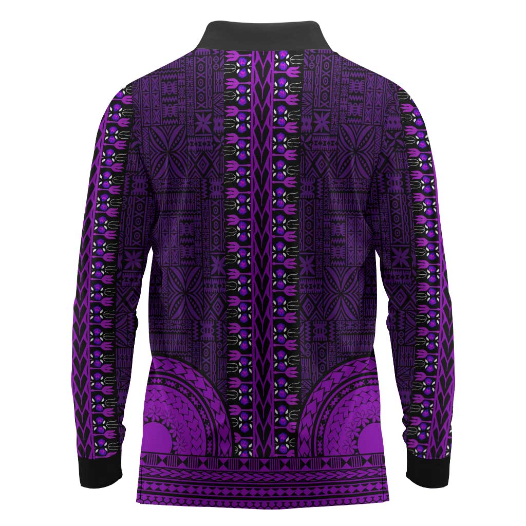 Purple Dashiki and Tapa Pattern Long Sleeve Polo Shirt Africa-Polynesia Together Culture