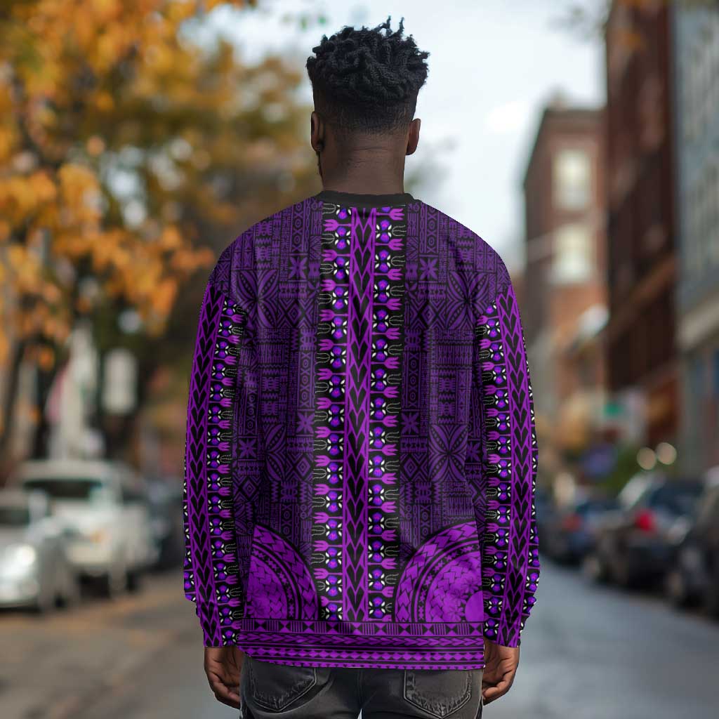 Purple Dashiki and Tapa Pattern Long Sleeve Shirt Africa-Polynesia Together Culture