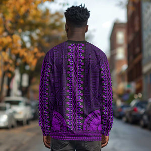 Purple Dashiki and Tapa Pattern Long Sleeve Shirt Africa-Polynesia Together Culture