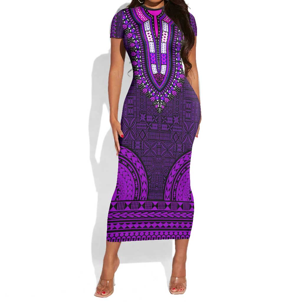 Purple Dashiki and Tapa Pattern Short Sleeve Bodycon Dress Africa-Polynesia Together Culture LT9