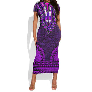 Purple Dashiki and Tapa Pattern Short Sleeve Bodycon Dress Africa-Polynesia Together Culture LT9