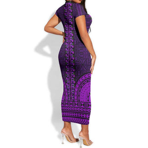 Purple Dashiki and Tapa Pattern Short Sleeve Bodycon Dress Africa-Polynesia Together Culture LT9