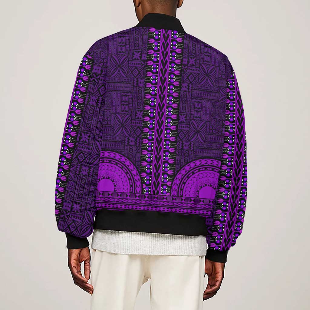 Purple Dashiki and Tapa Pattern Sleeve Zip Bomber Jacket Africa-Polynesia Together Culture