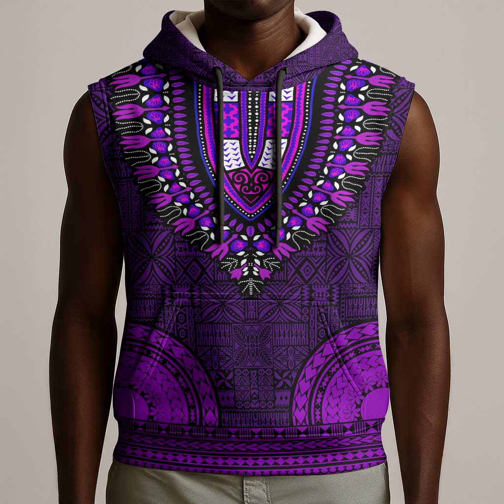 Purple Dashiki and Tapa Pattern Sleeveless Hoodie Africa-Polynesia Together Culture - African Pride