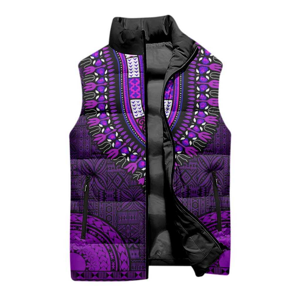 Purple Dashiki and Tapa Pattern Sleeveless Puffer Jacket Africa-Polynesia Together Culture