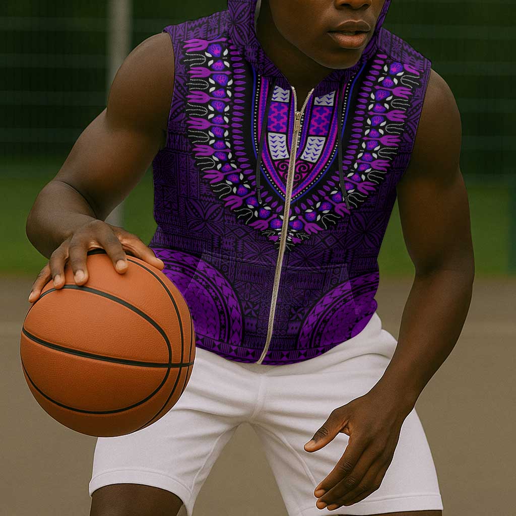 Purple Dashiki and Tapa Pattern Sleeveless Zip Hoodie Africa-Polynesia Together Culture - African Pride