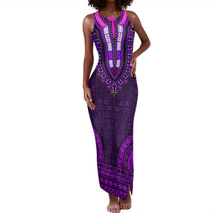Purple Dashiki and Tapa Pattern Tank Maxi Dress Africa-Polynesia Together Culture