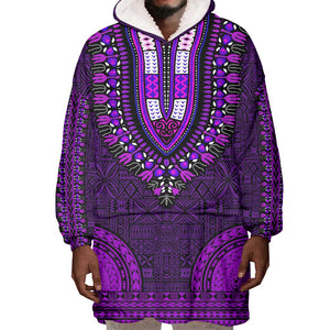 Purple Dashiki and Tapa Pattern Wearable Blanket Hoodie Africa-Polynesia Together Culture