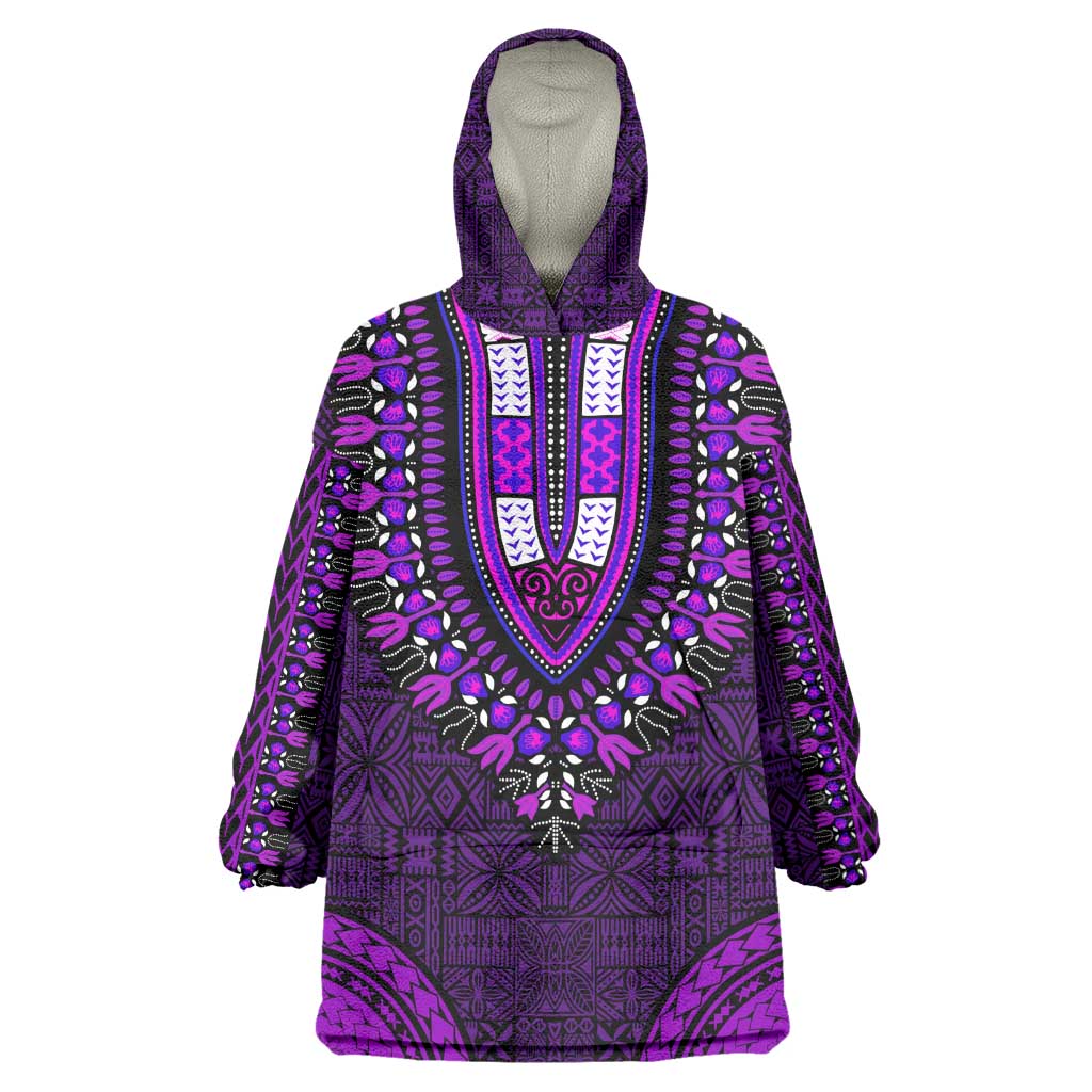 Purple Dashiki and Tapa Pattern Wearable Blanket Hoodie Africa-Polynesia Together Culture