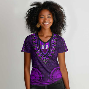 Purple Dashiki and Tapa Pattern Women V-Neck T-Shirt Africa-Polynesia Together Culture