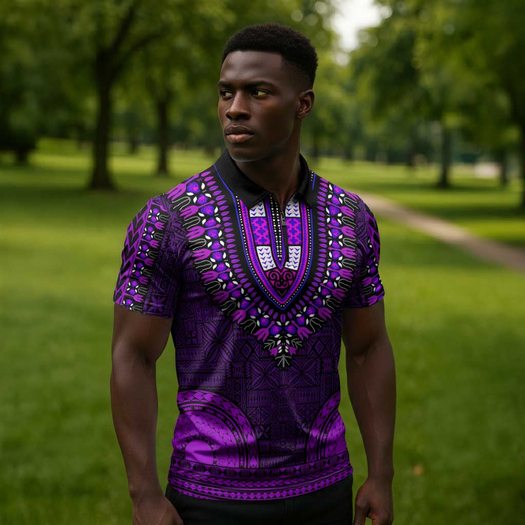 Purple Dashiki and Tapa Pattern Zipper Polo Shirt Africa-Polynesia Together Culture