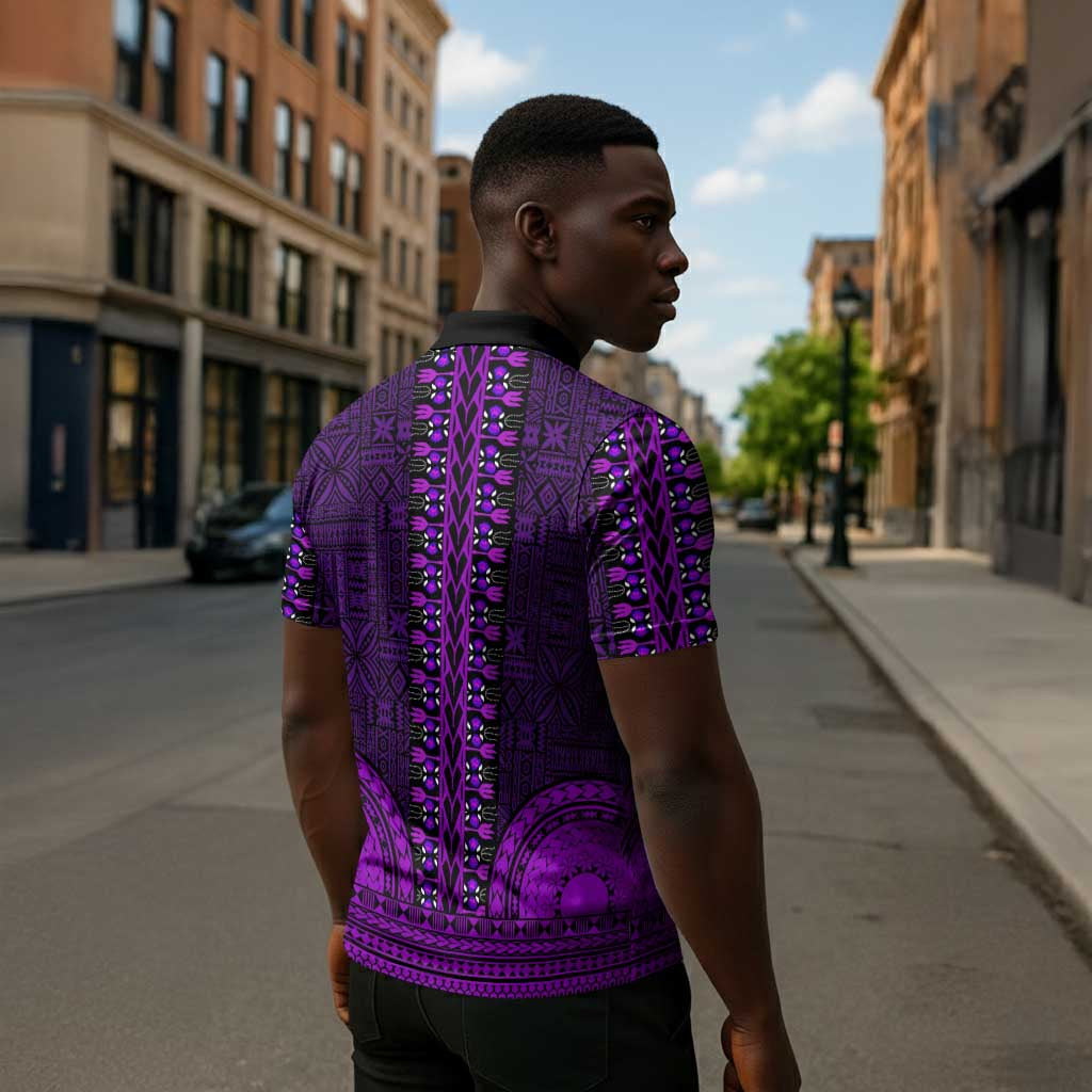 Purple Dashiki and Tapa Pattern Zipper Polo Shirt Africa-Polynesia Together Culture