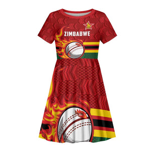 Custom Africa Cricket Zimbabwe Kid Short Sleeve Dress The Chevrons Cricket Ball Fire - African Pride