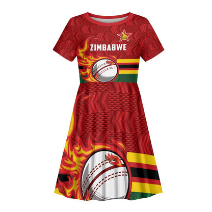 Custom Africa Cricket Zimbabwe Kid Short Sleeve Dress The Chevrons Cricket Ball Fire - African Pride