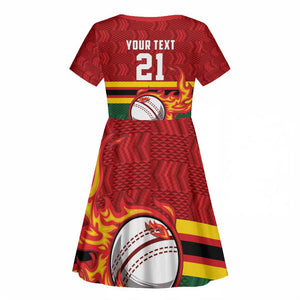 Custom Africa Cricket Zimbabwe Kid Short Sleeve Dress The Chevrons Cricket Ball Fire - African Pride