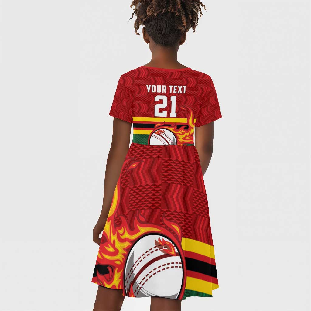 Custom Africa Cricket Zimbabwe Kid Short Sleeve Dress The Chevrons Cricket Ball Fire - African Pride