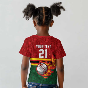 Custom Africa Cricket Zimbabwe Kid T shirt The Chevrons Cricket Ball Fire - African Pride