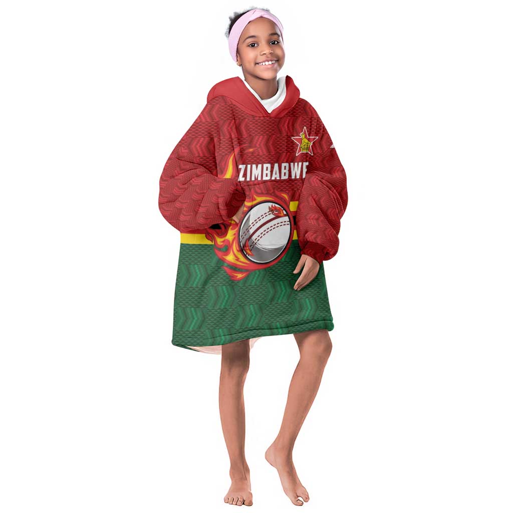 Custom Africa Cricket Zimbabwe Kid Wearable Blanket Hoodie The Chevrons Cricket Ball Fire - African Pride