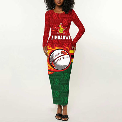 Custom Africa Cricket Zimbabwe Long Sleeve Bodycon Dress The Chevrons Cricket Ball Fire - African Pride