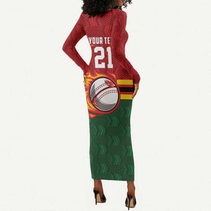 Custom Africa Cricket Zimbabwe Long Sleeve Bodycon Dress The Chevrons Cricket Ball Fire - African Pride