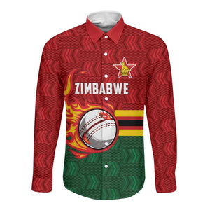 Custom Africa Cricket Zimbabwe Long Sleeve Button Shirt The Chevrons Cricket Ball Fire - African Pride