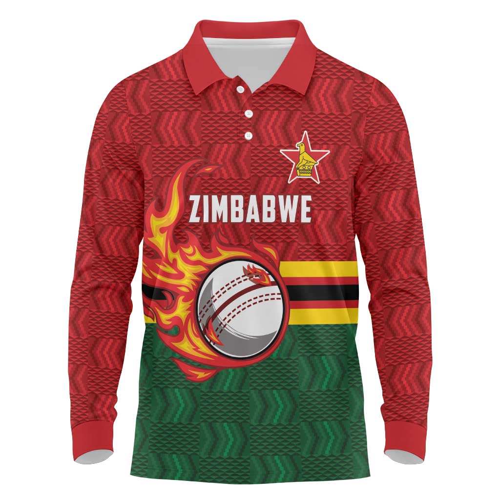 Custom Africa Cricket Zimbabwe Long Sleeve Polo Shirt The Chevrons Cricket Ball Fire - African Pride