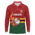 Custom Africa Cricket Zimbabwe Long Sleeve Polo Shirt The Chevrons Cricket Ball Fire - African Pride