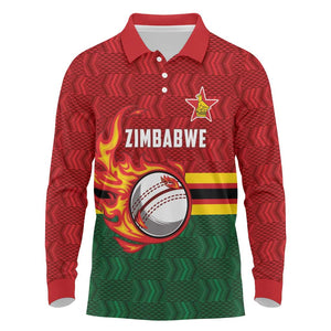 Custom Africa Cricket Zimbabwe Long Sleeve Polo Shirt The Chevrons Cricket Ball Fire - African Pride