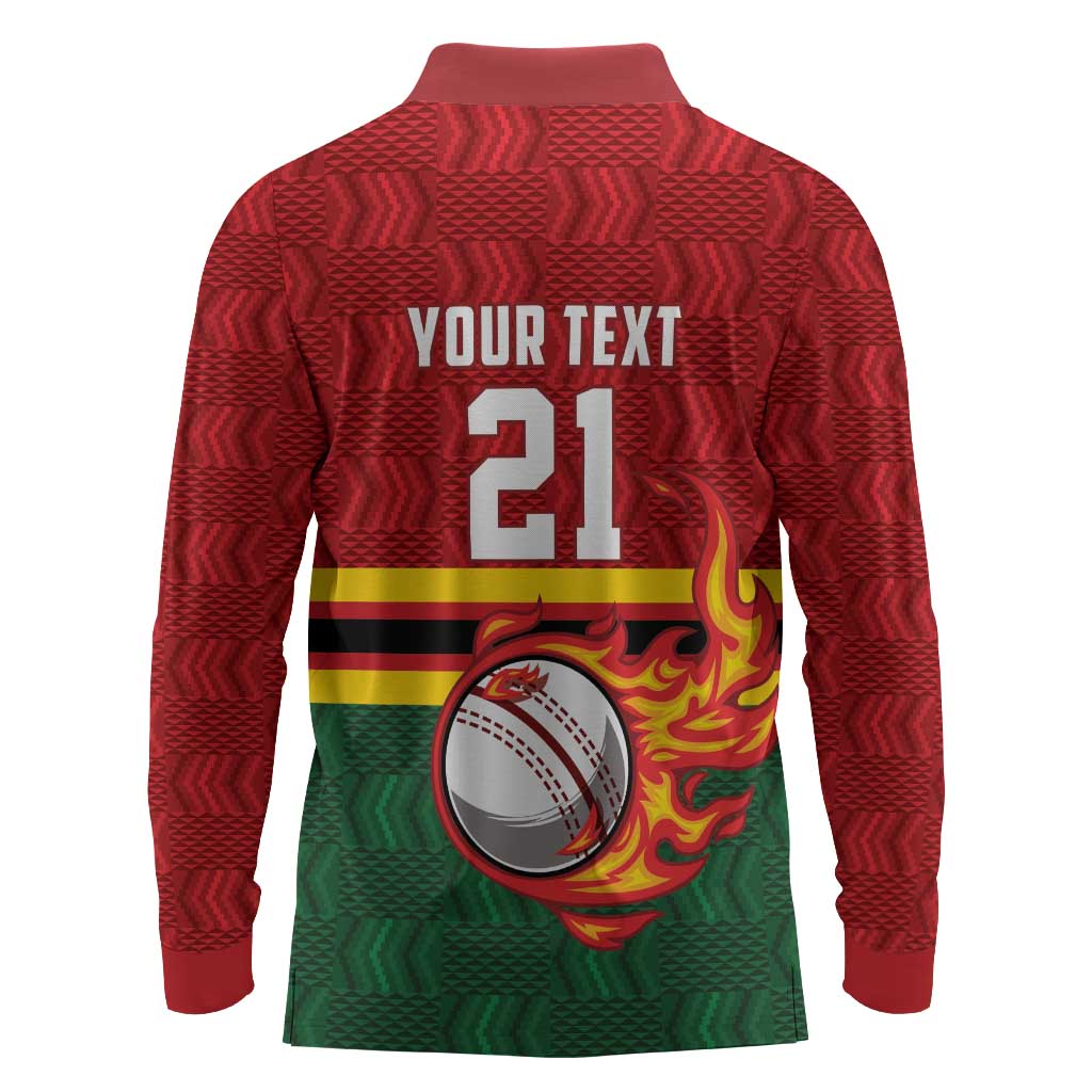 Custom Africa Cricket Zimbabwe Long Sleeve Polo Shirt The Chevrons Cricket Ball Fire - African Pride
