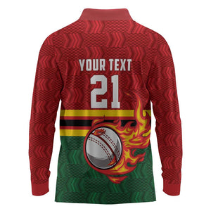 Custom Africa Cricket Zimbabwe Long Sleeve Polo Shirt The Chevrons Cricket Ball Fire - African Pride