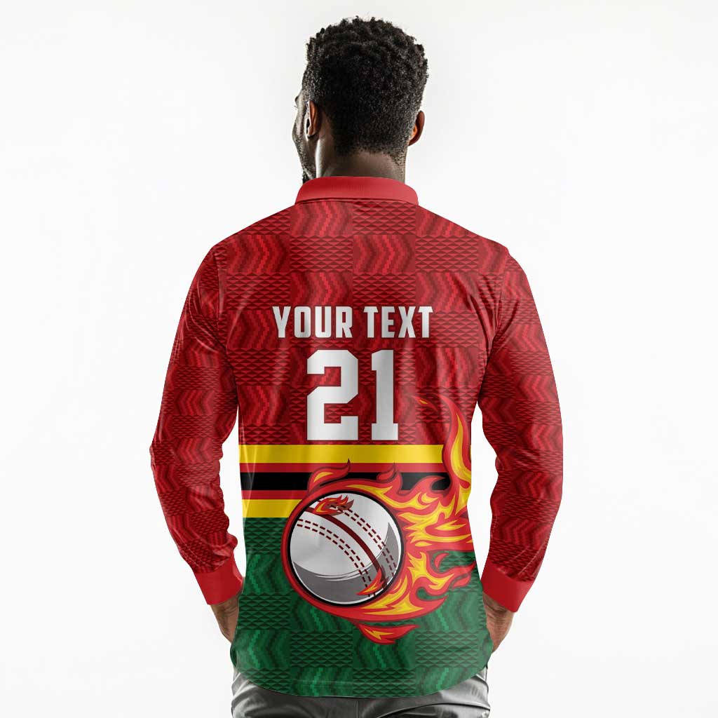 Custom Africa Cricket Zimbabwe Long Sleeve Polo Shirt The Chevrons Cricket Ball Fire - African Pride