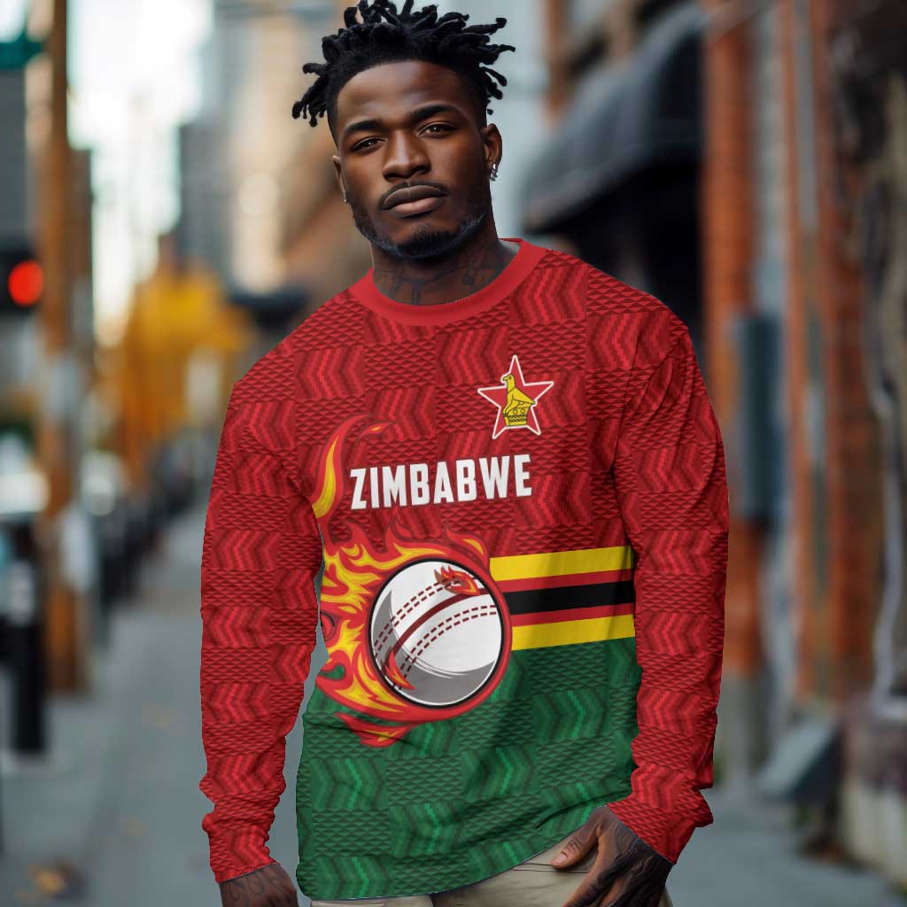 Custom Africa Cricket Zimbabwe Long Sleeve Shirt The Chevrons Cricket Ball Fire - African Pride