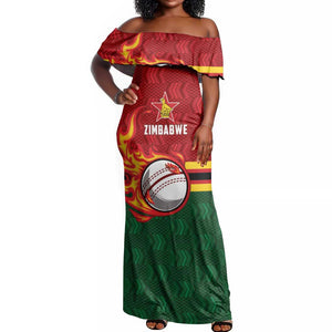 Custom Africa Cricket Zimbabwe Off Shoulder Maxi Dress The Chevrons Cricket Ball Fire - African Pride