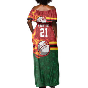 Custom Africa Cricket Zimbabwe Off Shoulder Maxi Dress The Chevrons Cricket Ball Fire - African Pride
