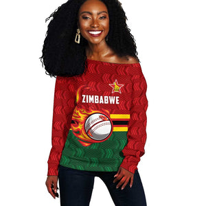 Custom Africa Cricket Zimbabwe Off Shoulder Sweater The Chevrons Cricket Ball Fire - African Pride