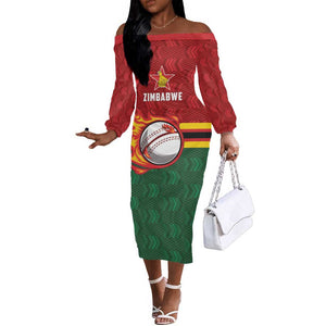 Custom Africa Cricket Zimbabwe Off The Shoulder Long Sleeve Dress The Chevrons Cricket Ball Fire - African Pride