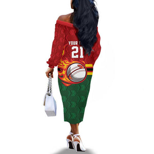 Custom Africa Cricket Zimbabwe Off The Shoulder Long Sleeve Dress The Chevrons Cricket Ball Fire - African Pride