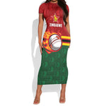Custom Africa Cricket Zimbabwe Short Sleeve Bodycon Dress The Chevrons Cricket Ball Fire - African Pride