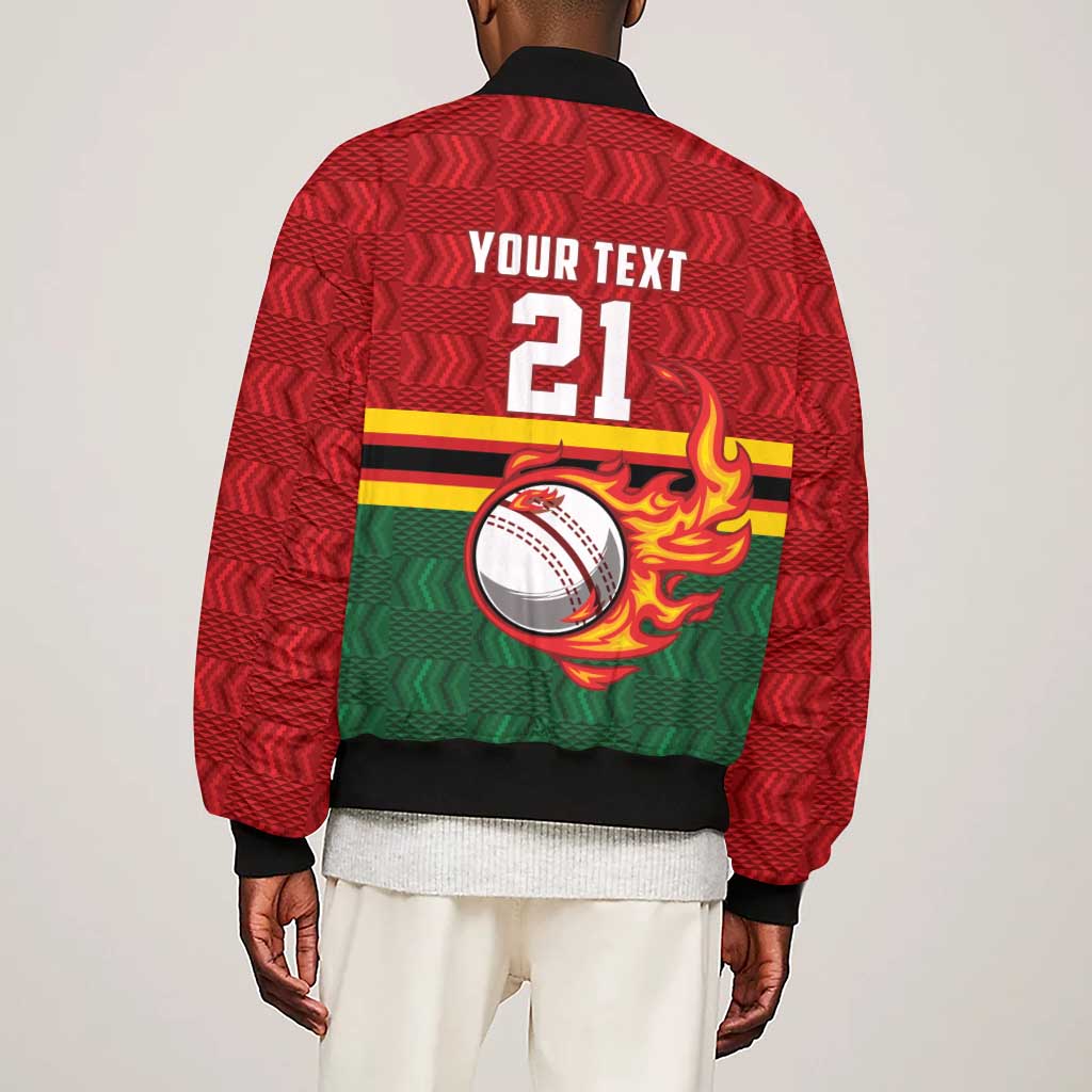 Custom Africa Cricket Zimbabwe Sleeve Zip Bomber Jacket The Chevrons Cricket Ball Fire - African Pride