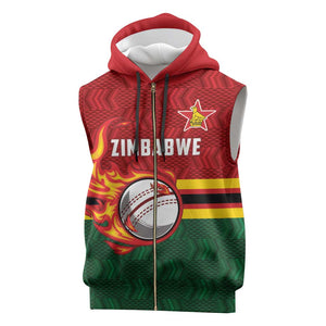 Custom Africa Cricket Zimbabwe Sleeveless Zip Hoodie The Chevrons Cricket Ball Fire - African Pride