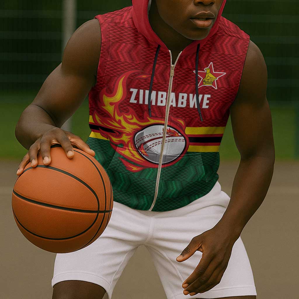 Custom Africa Cricket Zimbabwe Sleeveless Zip Hoodie The Chevrons Cricket Ball Fire - African Pride