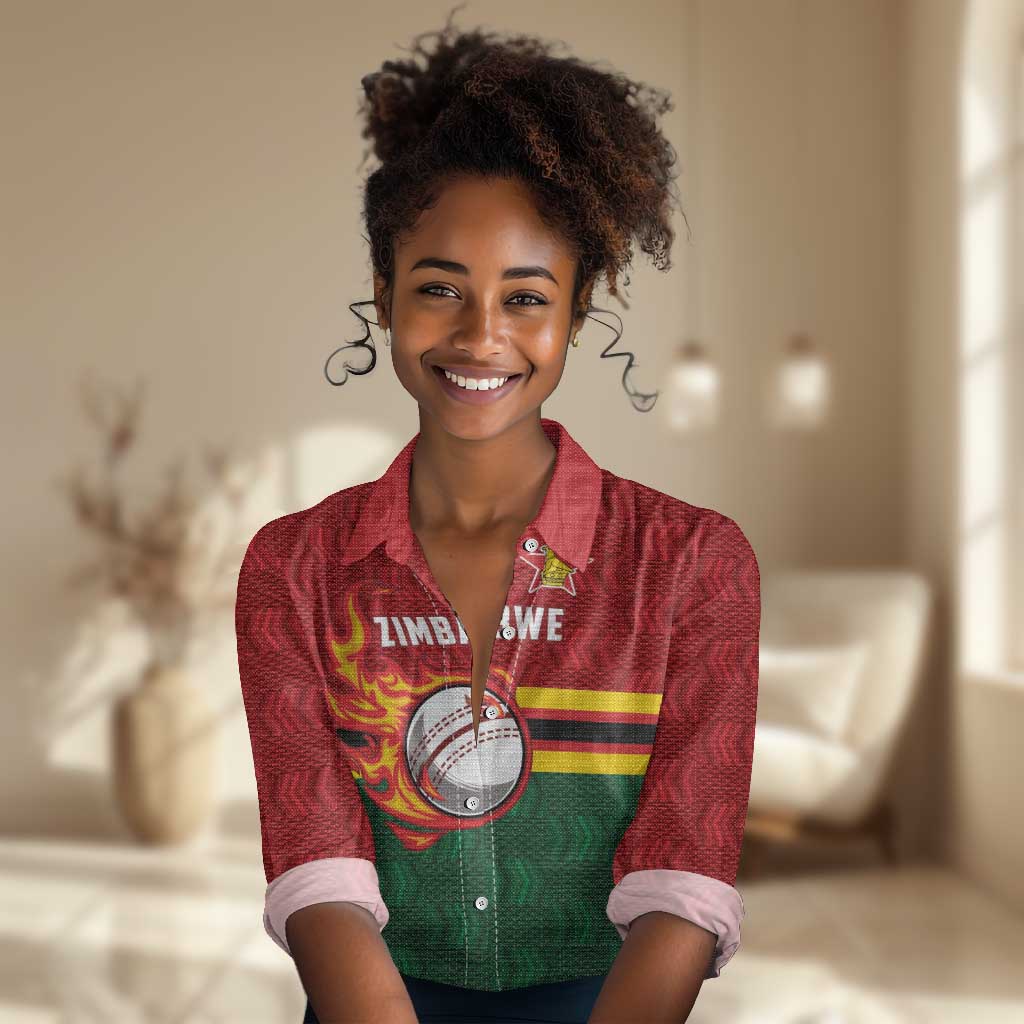 Custom Africa Cricket Zimbabwe Women Casual Shirt The Chevrons Cricket Ball Fire - African Pride
