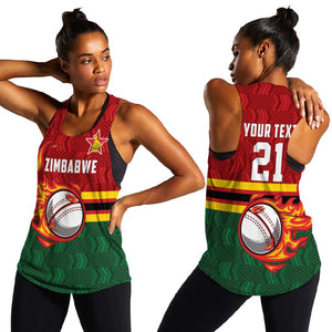Custom Africa Cricket Zimbabwe Women Racerback Tank The Chevrons Cricket Ball Fire - African Pride