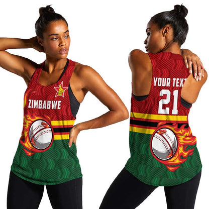 Custom Africa Cricket Zimbabwe Women Racerback Tank The Chevrons Cricket Ball Fire - African Pride